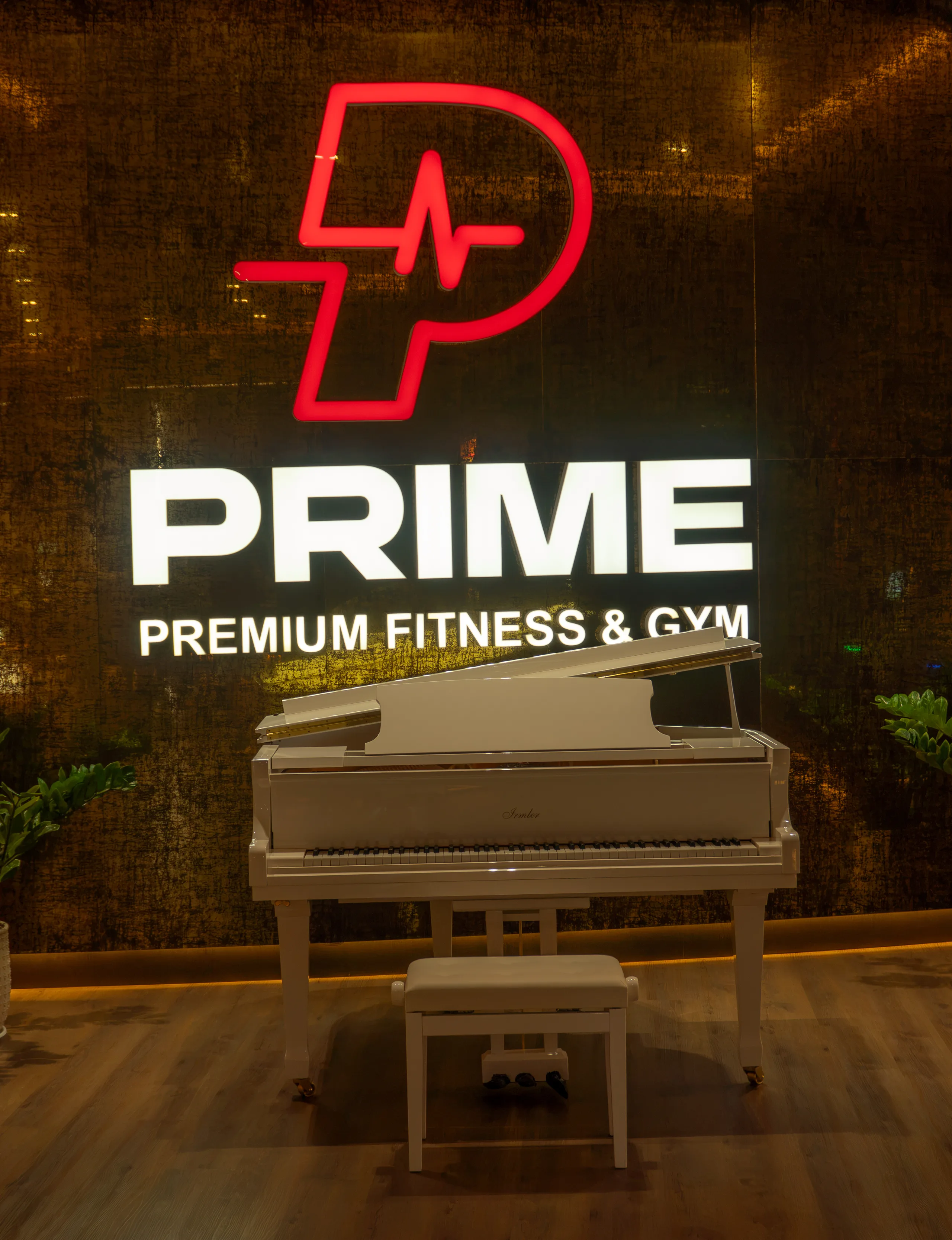 Белый рояль под светящейся вывеской PRIME Premium Fitness & Gym.