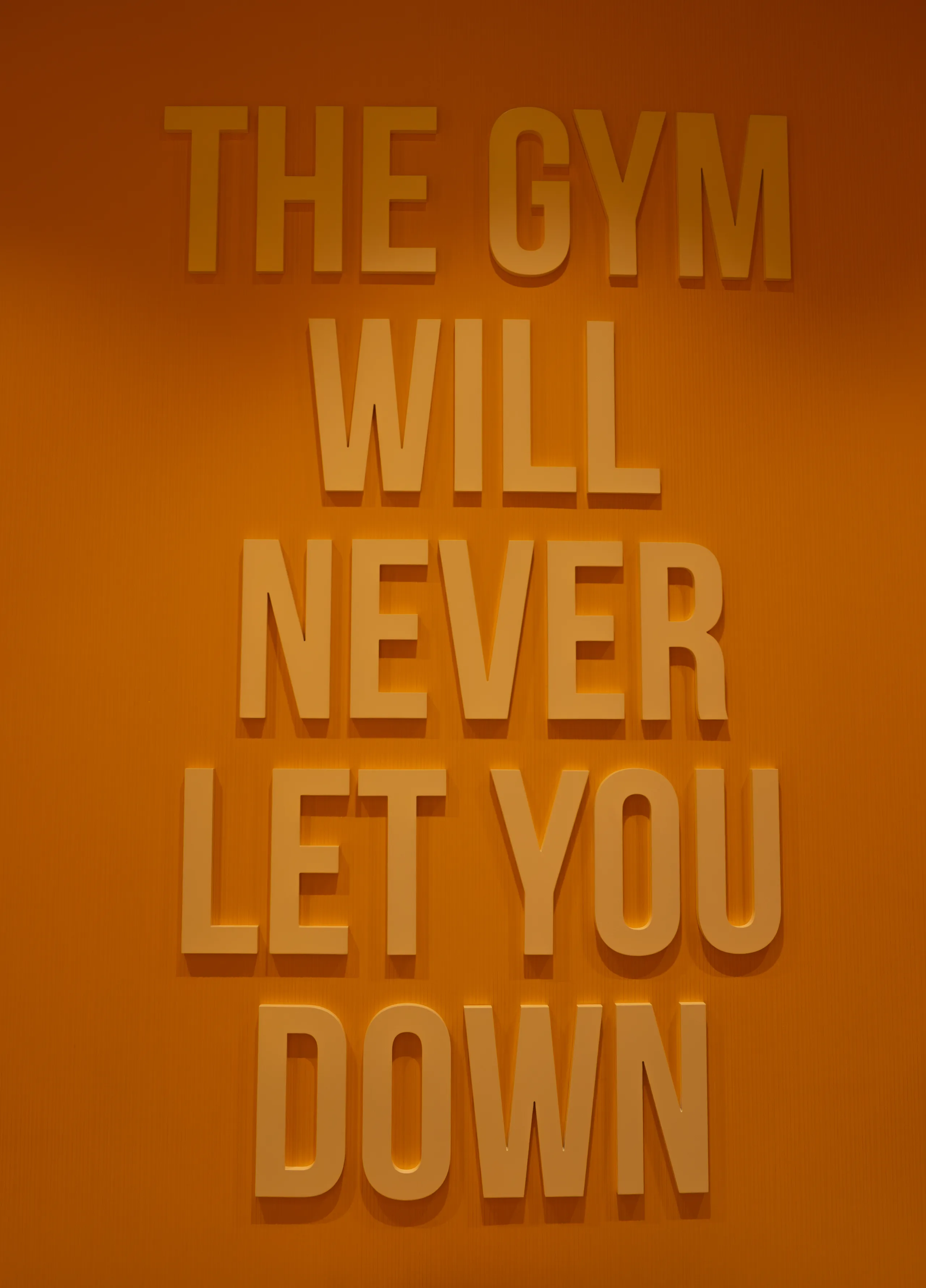 Объёмная надпись «The gym will never let you down» на оранжевой стене.